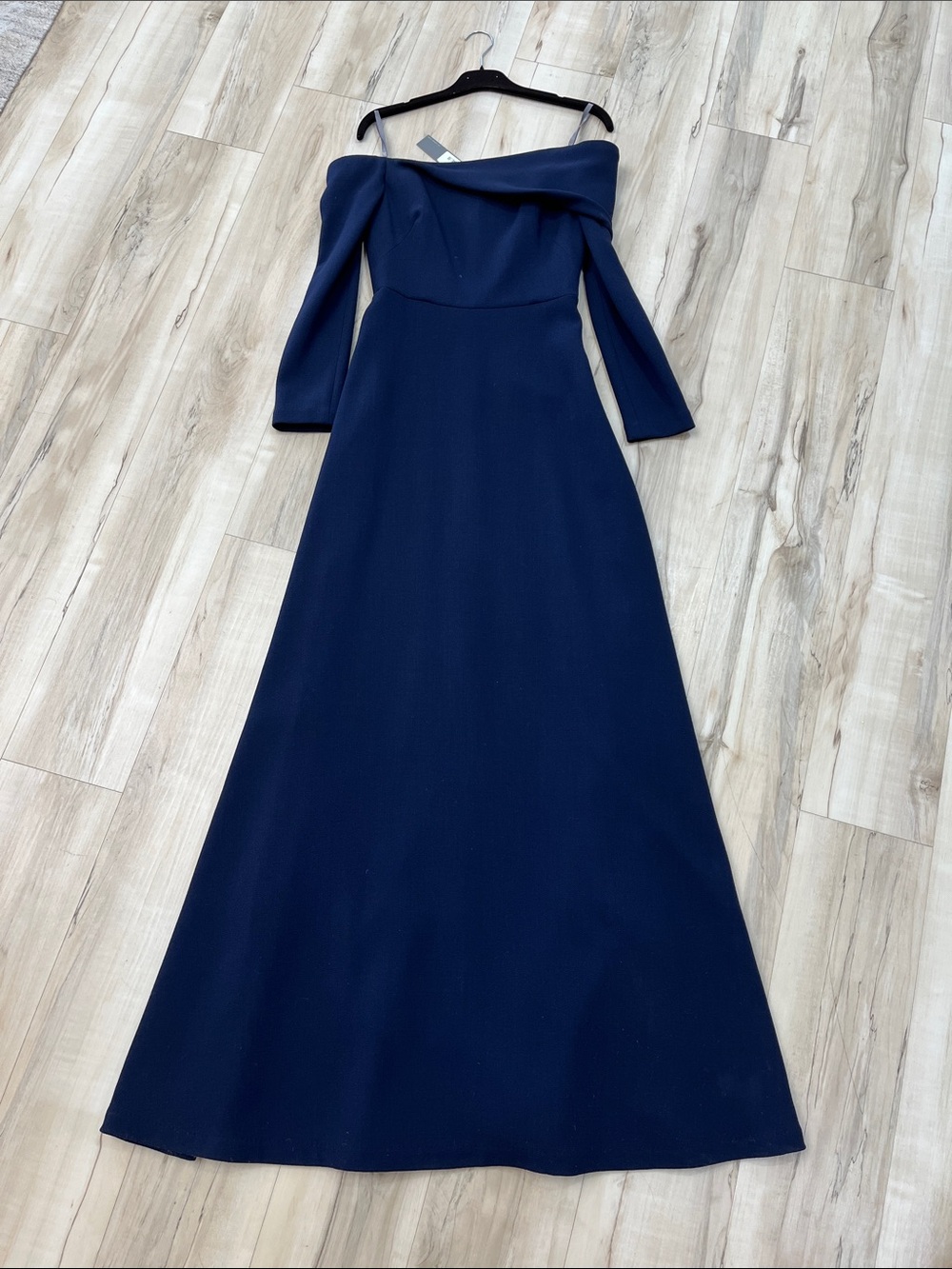 Lela Rose Navy Off-Shoulder Long Sleeve Gown